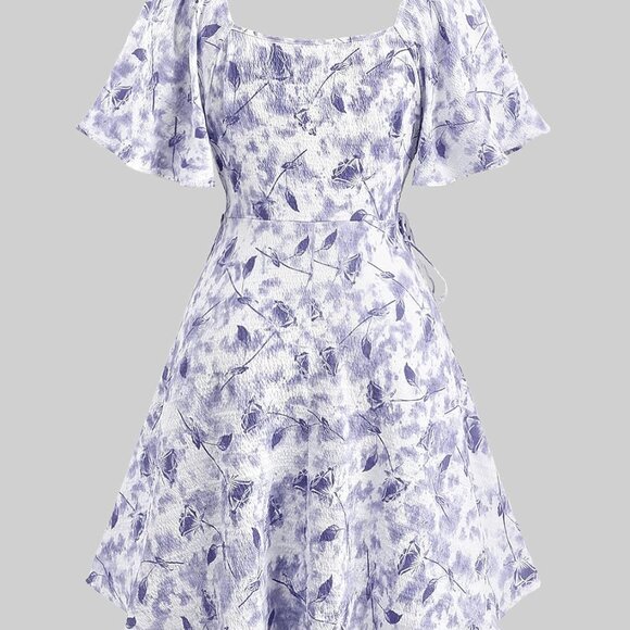 Plus Size Boho Floral Milkmaid Dress Linen Square Neck Flutter Sleeve - Picture 3 of 6